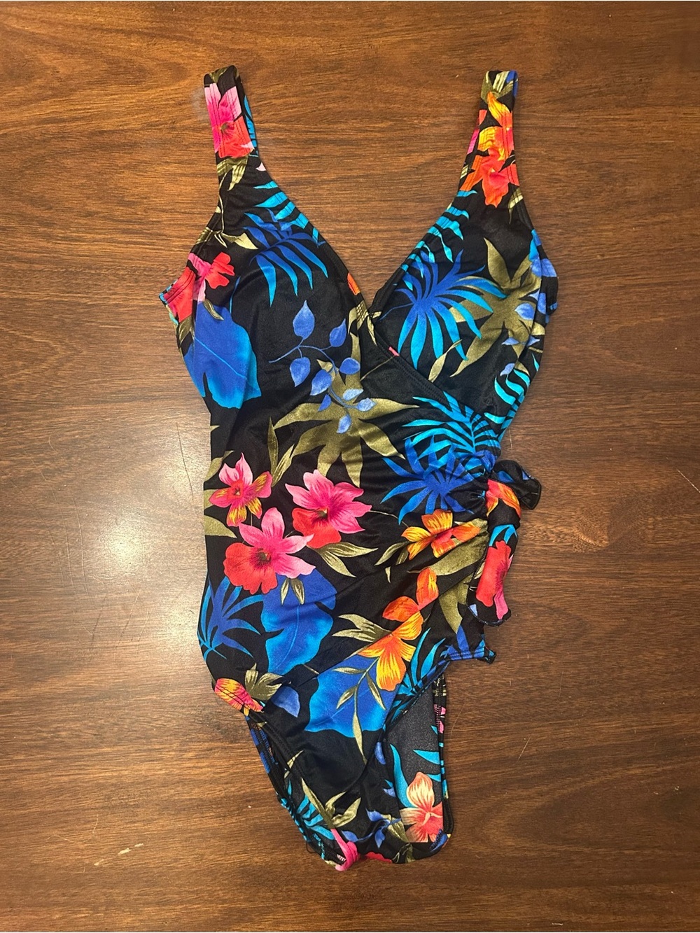 Floral Wrap One-Piece Swimsuit - Black with Bright Tropical Print